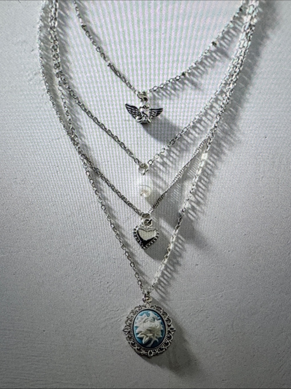 Urban Outfitters Silver-Tone Layered Necklace with Blue Cameo and Heart Charm